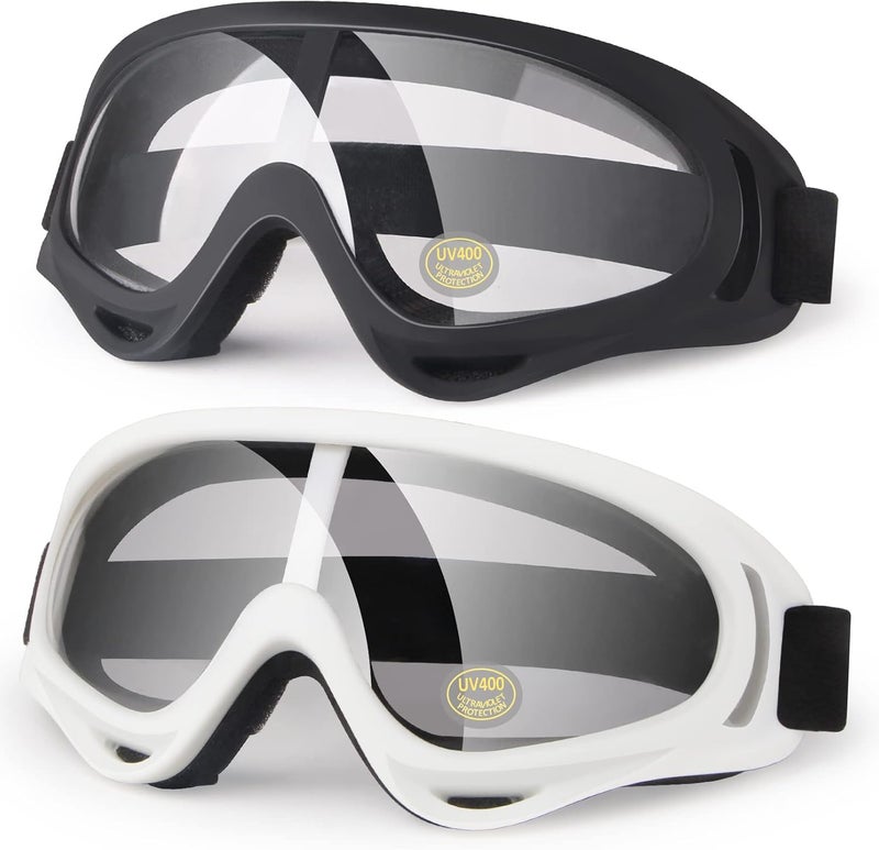 4-FQ Motorcycle Goggles Kids, 2 Pack Dirt Bike ATV Motocross Goggles Ski Goggles, Off Road Racing Goggles for Child, Anti Dust Airsoft Glasses for Men Women Youth Adult (White+Black Frame/Clear Lens) - Image 1